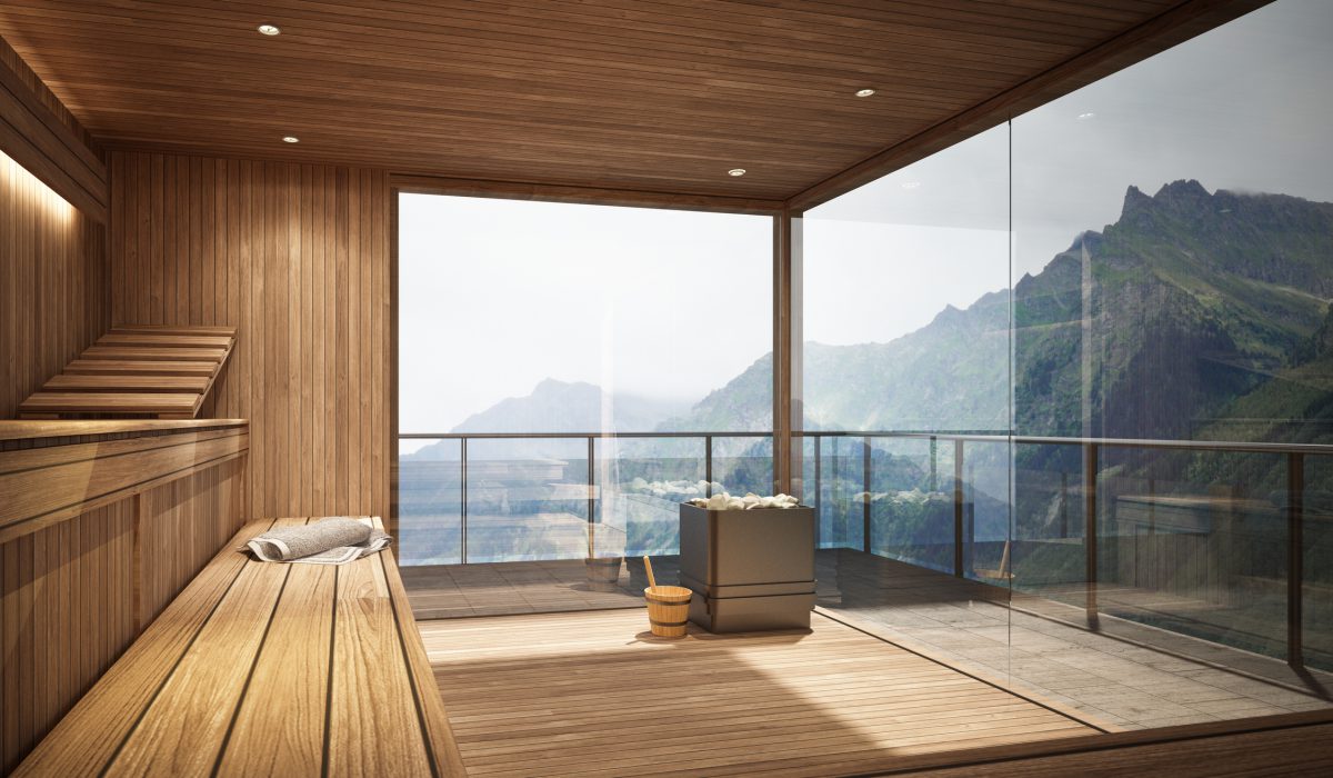 3d rendering of a sauna with glass window and a panoramic view