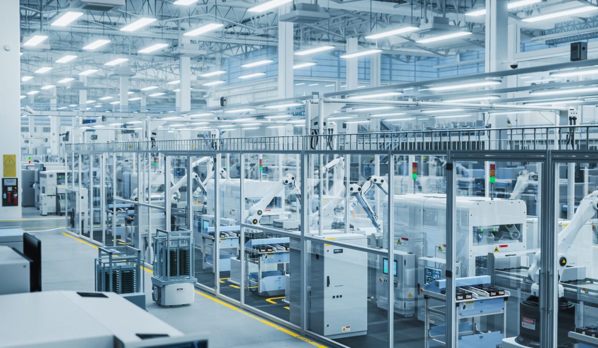 3D Render: Advanced Robot Arm Conveyor Line Manufacturing Electronics Enclosure Boxes. High Angle Shot with Artificial Intelligence Assembly Line Building High-Tech Products for Technology Industry.